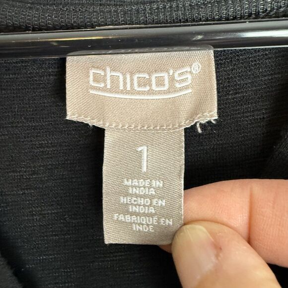 Chico’s Black V Neck T Shirt Dress Beaded Palm Trees Resort Womens Sz 1 / Medium - Picture 5 of 10